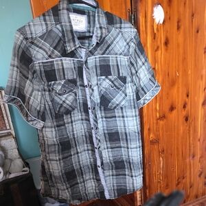 Vintage Men's Black and Gray Plaid Button Down Shirt